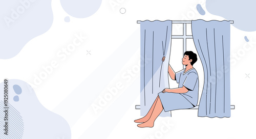 Man Opening Curtains Sitting on Windowsill, Looking Out
