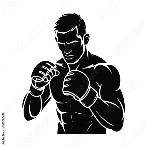 Black and white illustration of a muscular boxer in a fighting stance ready to strike
