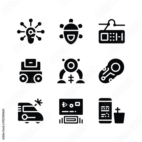 Set of nine minimalist black icons depicting various technological and astrological symbols