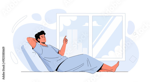 Man Relaxing on Bed Looking Out Window, Dreaming of Future