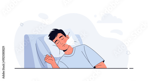 Man sleeping peacefully on pillow, illustration of rest and relaxation
