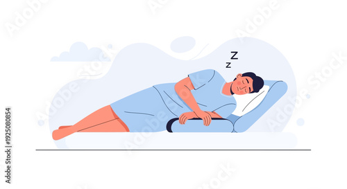 Man Sleeping Peacefully on Side in Blue Pajamas, Resting Comfortably