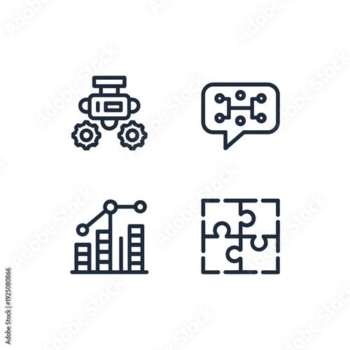 Four simple line icons depicting automation communication graph and puzzle pieces on white background