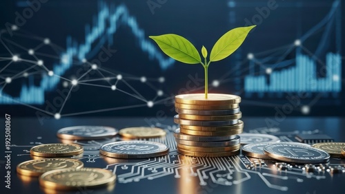 Financial Growth and Investment: A visual metaphor of financial growth and investment, featuring a stack of coins with a growing plant, set against the backdrop of a tech-inspired network