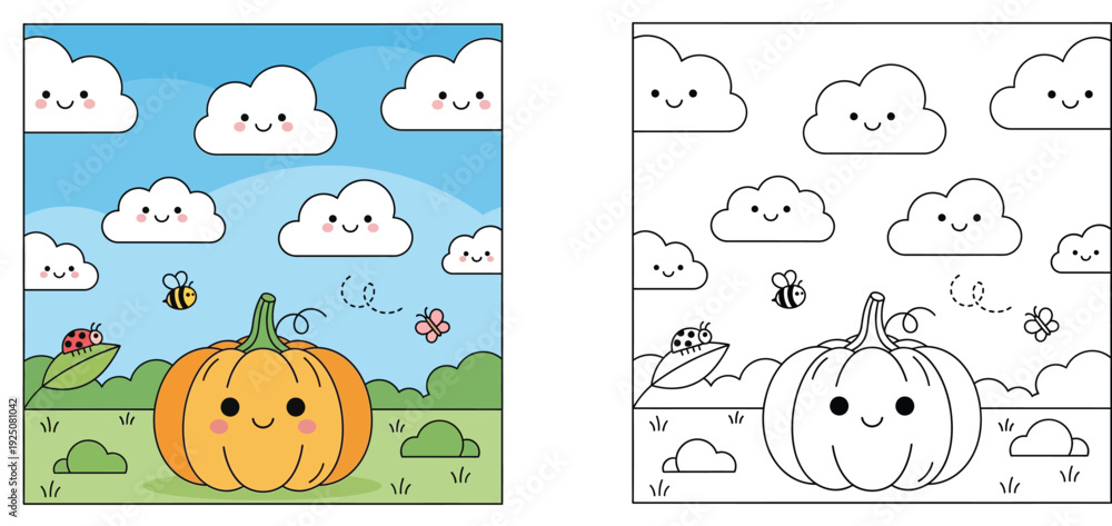Obraz premium Cute Pumpkin Character Coloring Page for Kids with Autumn Nature Landscape, Happy Clouds, Bee, Ladybug, and Butterfly, Educational Activity Worksheet for Preschoolers and Toddlers