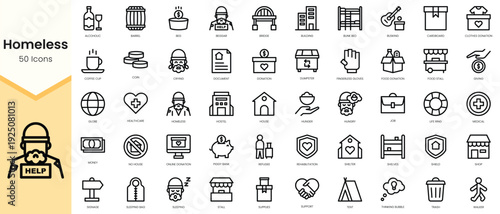 Simple Outline Set of homeless icons. Linear style icons pack. Vector illustration
