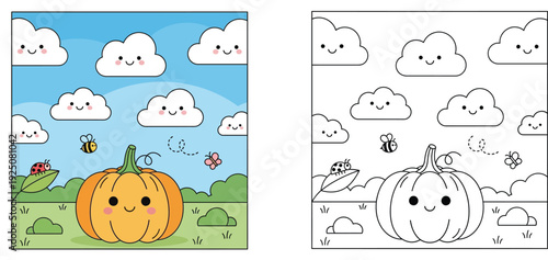 Cute Pumpkin Character Coloring Page for Kids with Autumn Nature Landscape, Happy Clouds, Bee, Ladybug, and Butterfly, Educational Activity Worksheet for Preschoolers and Toddlers