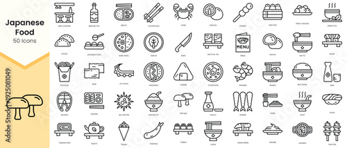 Simple Outline Set of japanese food icons. Linear style icons pack. Vector illustration
