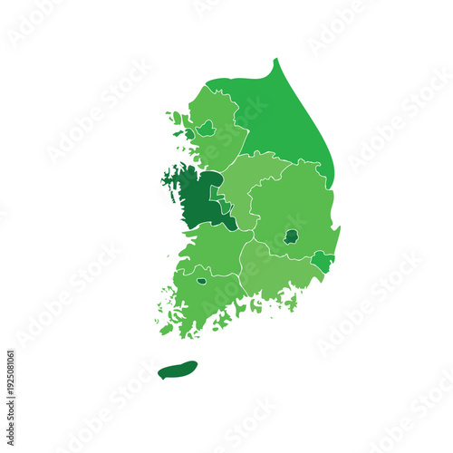 South Korea Map with Administrative Provinces in [Green/Red] Gradient Monochrome Vector