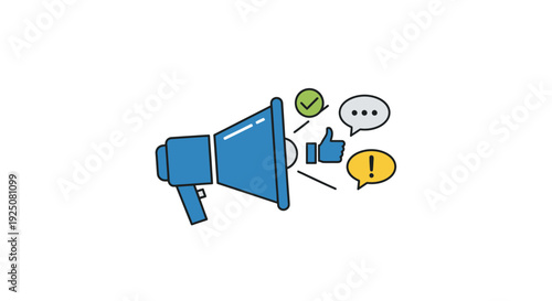 Blue Megaphone with Speech Bubbles Icon.