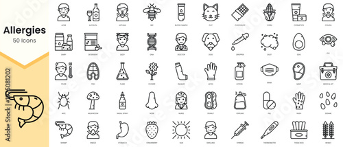 Simple Outline Set of allergies icons. Linear style icons pack. Vector illustration
