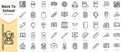 Simple Outline Set of back to school icons. Linear style icons pack. Vector illustration