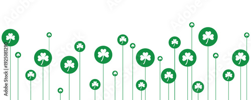 Green clover shamrock pattern on white background with circular shapes and stems. Minimal vector illustration symbolizing luck, St Patrick’s Day celebration and festive decorative backdrop design.