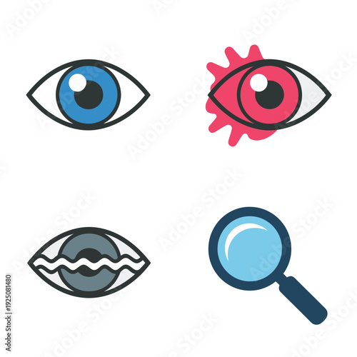 Ocular health icons featuring healthy iris, pink eye inflammation, dry eye, eyelid disorders, magnifying glass, vision care infographic for clinics