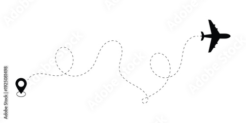 Airplane flight path with dashed line and map pointer icon. Plane travel route silhouette vector for tourism and vacation concept.