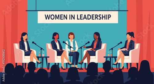 Diverse group of women participating in a leadership discussion on stage.