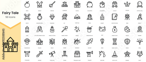 Simple Outline Set of fairy tale icons. Linear style icons pack. Vector illustration