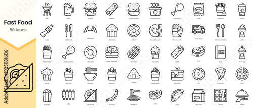 Simple Outline Set of fast food icons. Linear style icons pack. Vector illustration