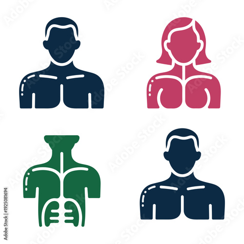 Human anatomy workshop icons, male female torso with lungs and organs, health class branding, biology fair, medical education session graphics