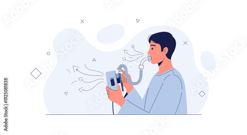 Man using nebulizer for asthma treatment, medical illustration