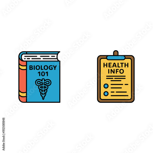 Biology education materials set, textbook with caduceus, health information clipboard, school science fair poster, classroom learning session vector graphics resources