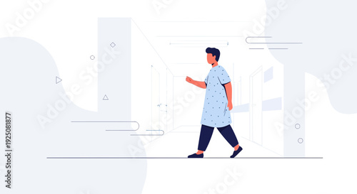 Man walking in abstract minimalist corridor, modern vector illustration