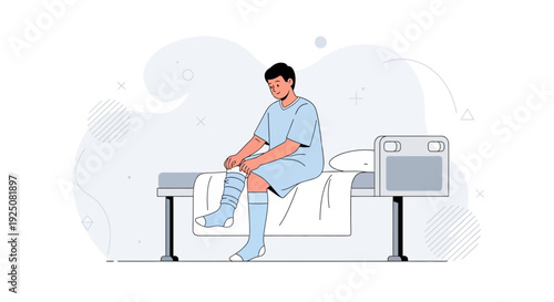 Man with bandaged leg sitting on hospital bed, medical recovery concept