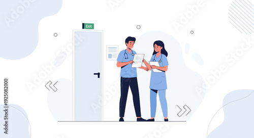 Medical professionals discussing documents near an exit door in a clinic setting