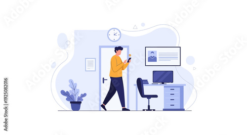 Man with Smartphone Entering Office with Desk and Computer