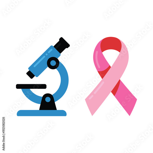 Microscope and awareness ribbon vector icons for laboratory research, oncology education, clinical screening poster, science fair presentation, healthcare design graphics