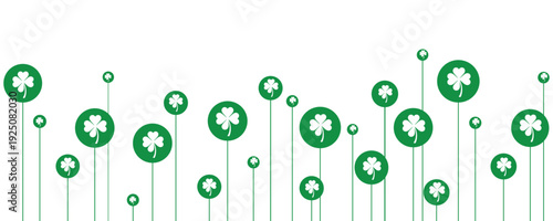 Green clover shamrock pattern on white background with circular shapes and stems. Minimal vector illustration symbolizing luck, St Patrick’s Day celebration and festive decorative backdrop design.