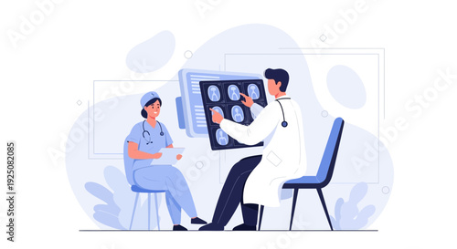 Medical Team Discussing Brain Scans on Digital Screen