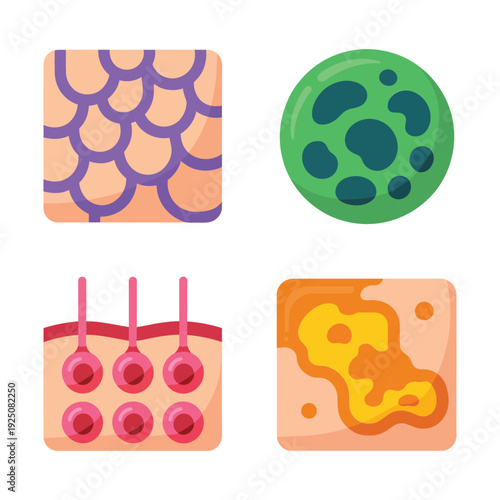 Skin texture pattern icons showing cellular surfaces, acne pimples, clogged pores, infection spots, dermatology research poster, cosmetic skincare design collection