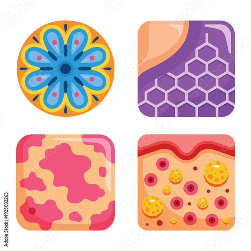 Skin disorder icons with psoriasis plaque, honeycomb dermis, acne pustules, inflamed pores, clinical dermatology resources for brochure, medical awareness campaign