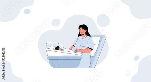 Mother and Newborn Baby in Crib, Gentle Care and Love Illustration