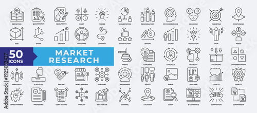 Market Research icon set collection. Containing targeting, swot, segmentation, market, research, growth, share, effort, concept, audit and location. Simple line icon vector illustration.