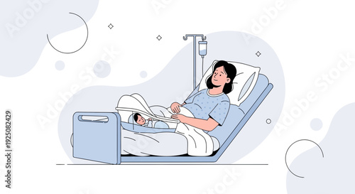 Mother and Newborn Baby Resting in Hospital Bed with IV Drip