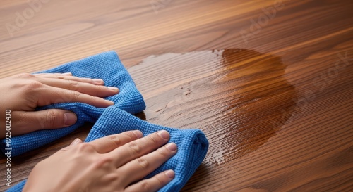 Cleaning up spilled salt on a wooden surface with a blue cloth.