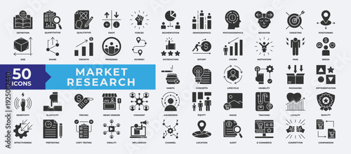 Market Research icon set collection. Containing targeting, swot, segmentation, market, research, growth, share, effort, concept, audit and location. Simple solid icon vector illustration.