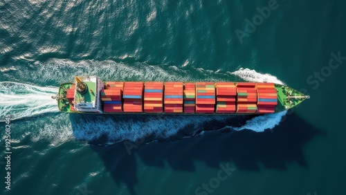 cargo container ship sailing in ocean aerial top view of global express freight transportation maritime scene concept of logistics industry, global trade, shipping business