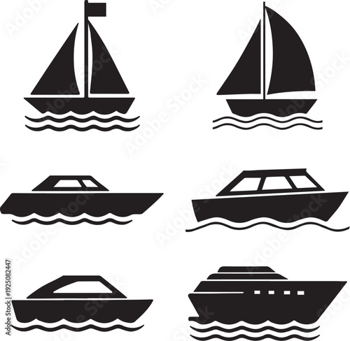 Collection of diverse black silhouette watercraft icons representing different types of boats