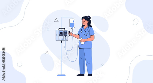Nurse adjusting medical equipment with IV drip bag and infusion pump