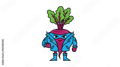 Fun and quirky superhero character design of a beetroot wearing a blue leather jacket, a mask, and boots in a comic style.