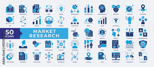 Market Research icon set collection. Containing targeting, swot, segmentation, market, research, growth, share, effort, concept, audit and location. Simple flat icon vector illustration.
