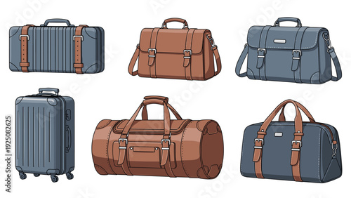 Comprehensive collection of various travel luggage and professional bags including suitcases, briefcases, and duffel bags in different colors.