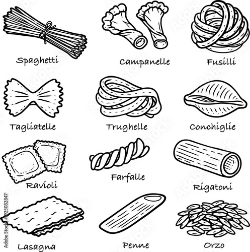Pasta types doodle set with spaghetti, penne, ravioli, and Italian macaroni varieties in black and white outline style, perfect for menu design, cooking posters