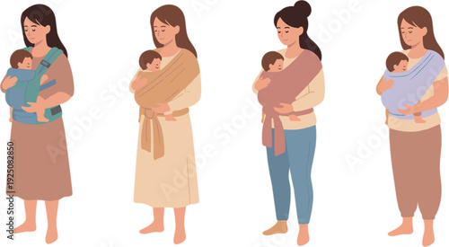 Pregnant women standing in different poses, diverse expectant mothers collection, flat hand drawn maternity and motherhood vector illustration