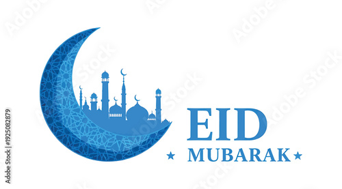 Eid mubarak greeting with crescent moon and mosque silhouette in blue on white background