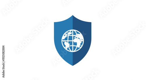 Blue shield with globe logo.