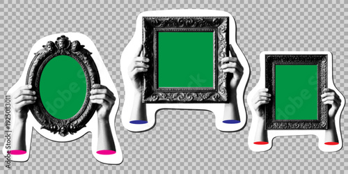 Set of hands holding vintage ornate picture frames with green screen chroma key centers, halftone stippled style illustration isolated